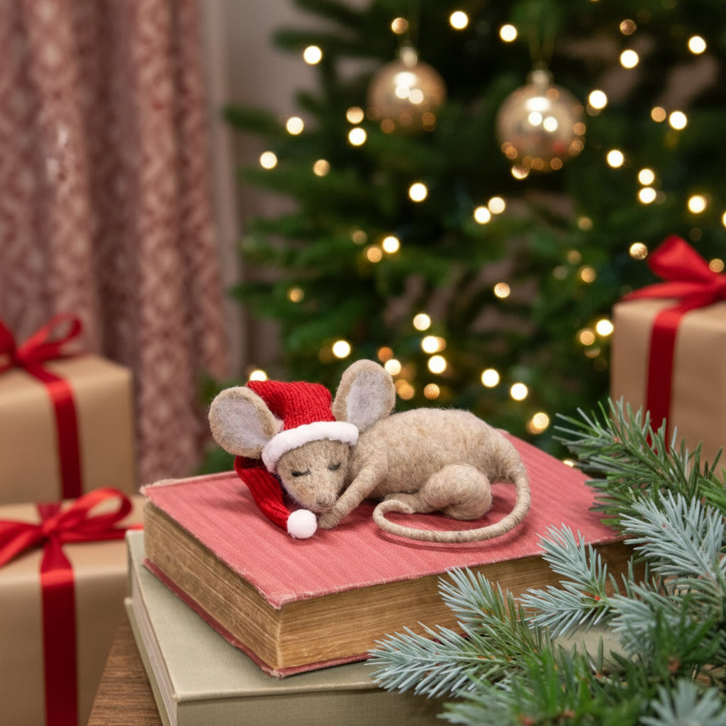 Primitive Felt Christmas Sleeping Mouse Felted Ornament - The Primitive Pineapple Collection
