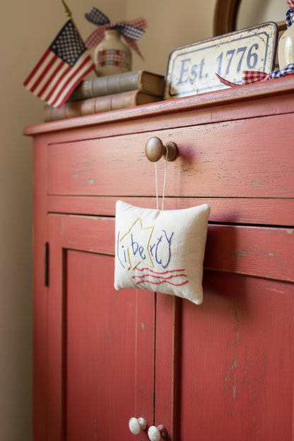 Handcrafted Americana &amp; Liberty Embroidered Pillow Bowl Filler Set | 2 pc 4" x 3" | Primitive