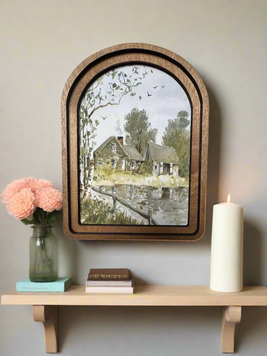 Handcrafted Retro 8&quot; Canvas on Wood Arch Top Muted Farmhouse Pond Framed Art - The Primitive Pineapple Collection
