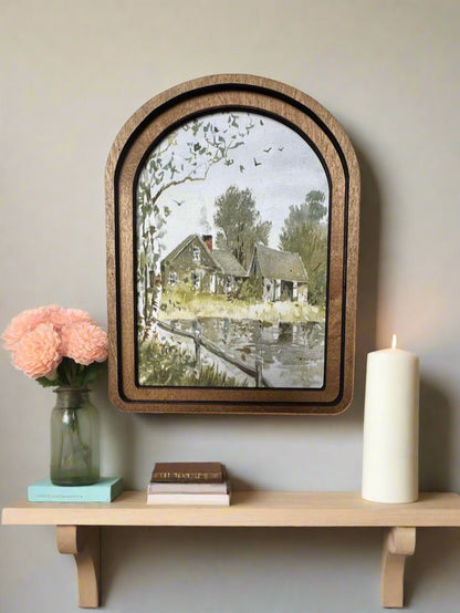 Handcrafted Retro 8&quot; Canvas on Wood Arch Top Muted Farmhouse Pond Framed Art - The Primitive Pineapple Collection