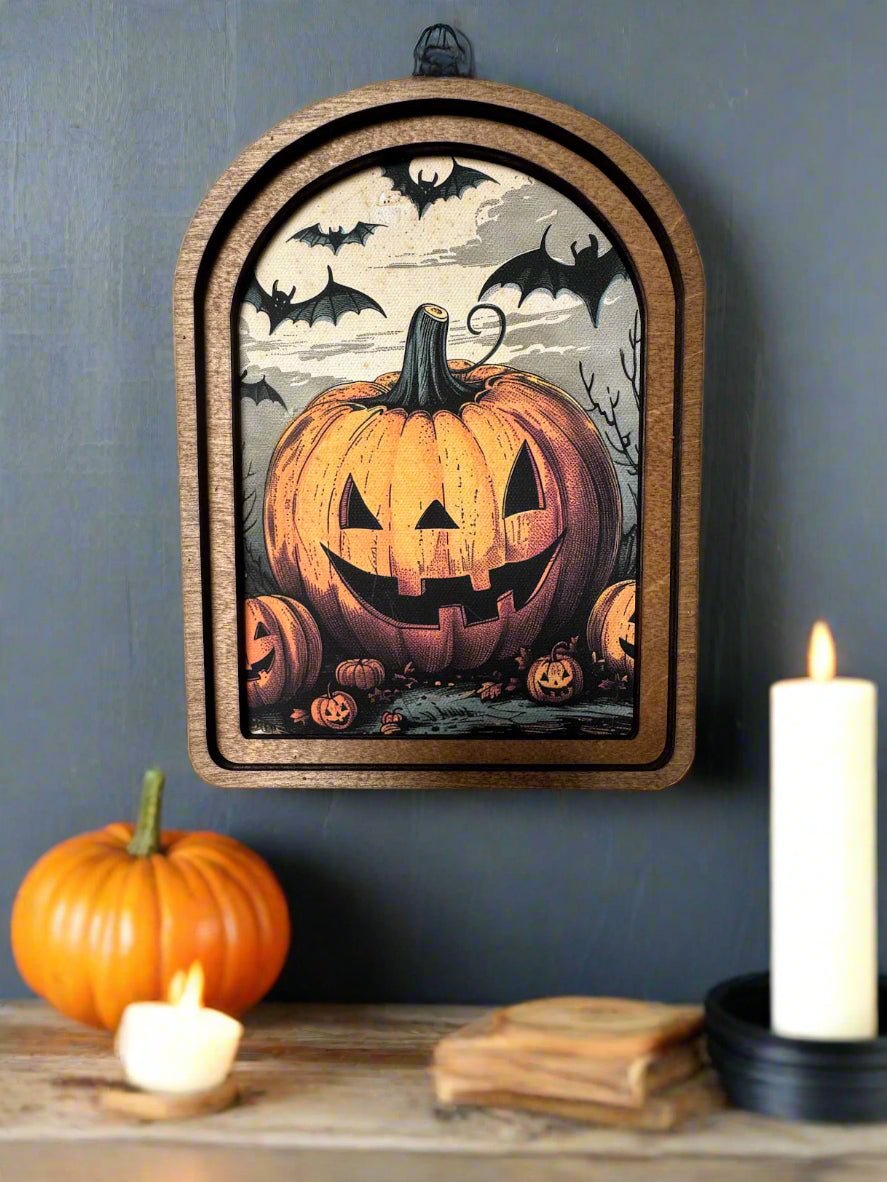 Handcrafted Retro 8&quot; Canvas on Wood Arch Top Halloween Jack O Lantern Framed Art - The Primitive Pineapple Collection