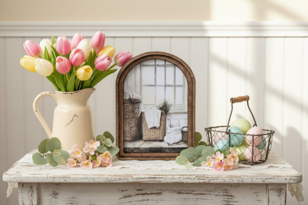 Handcrafted Retro 8" Canvas on Wood Arch Top Farmhouse Laundry Baskets Framed Art - The Primitive Pineapple Collection