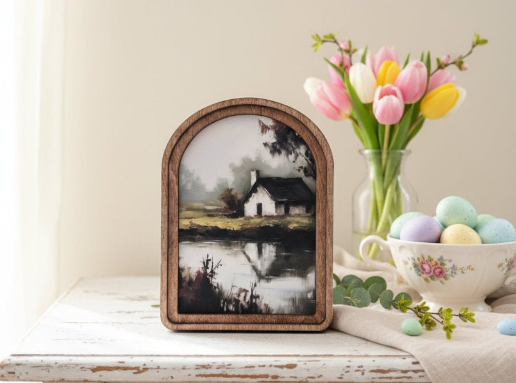 Handcrafted Retro 8" Canvas on Wood Arch Top Farmhouse Reflective Pond Framed Art - The Primitive Pineapple Collection