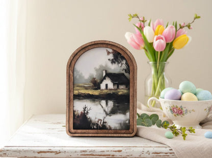 Handcrafted Retro 8" Canvas on Wood Arch Top Farmhouse Reflective Pond Framed Art - The Primitive Pineapple Collection