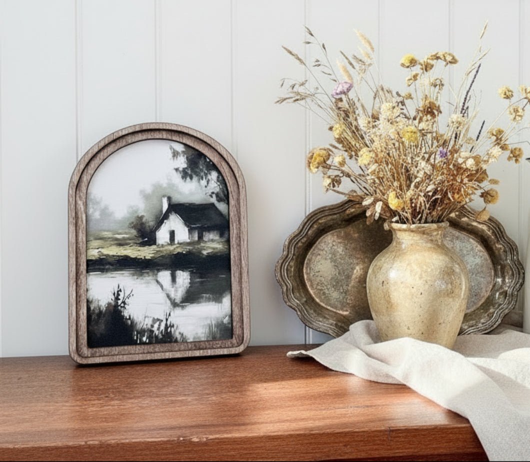 Handcrafted Retro 8" Canvas on Wood Arch Top Farmhouse Reflective Pond Framed Art - The Primitive Pineapple Collection