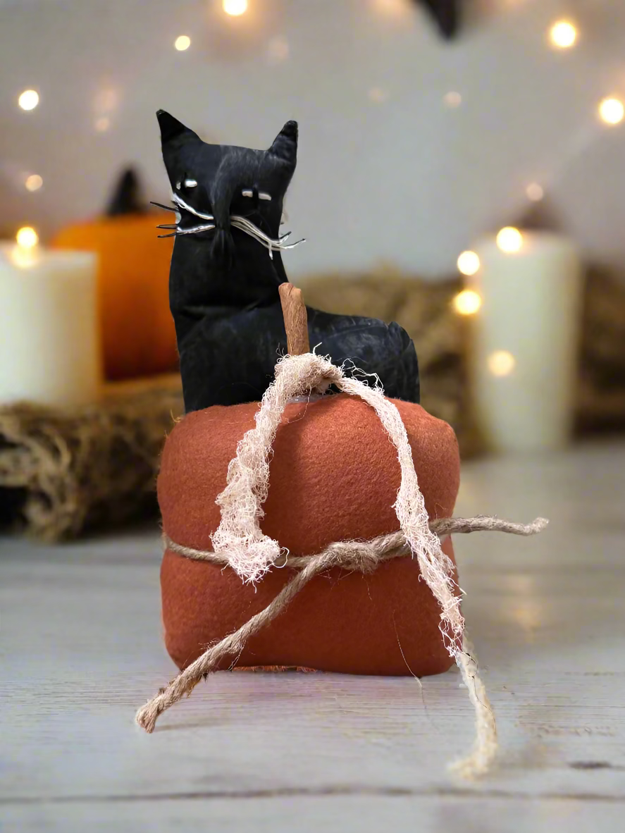 Primitive Fall Halloween Handcrafted Black Cat with Pumpkin Shelf Sitter
