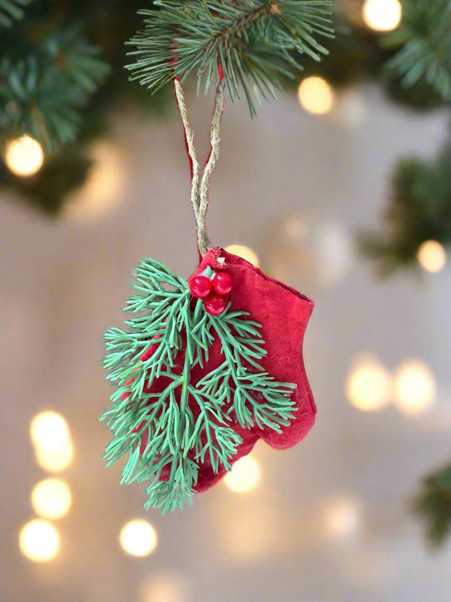 Primitive Christmas 6” Handmade Red Mitten w/ Greens Ornament - The Primitive Pineapple Collection