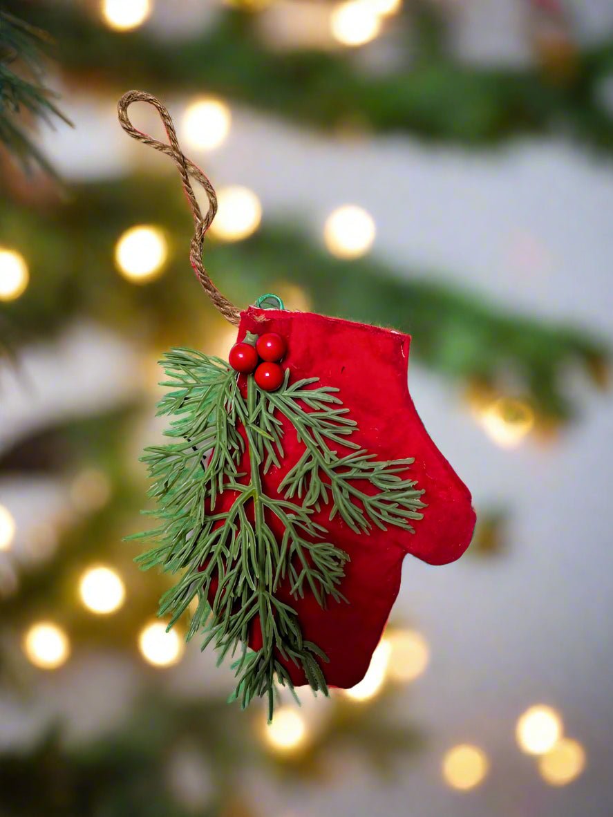 Primitive Christmas 6” Handmade Red Mitten w/ Greens Ornament - The Primitive Pineapple Collection