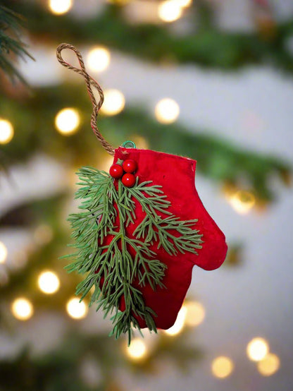 Primitive Christmas 6” Handmade Red Mitten w/ Greens Ornament - The Primitive Pineapple Collection