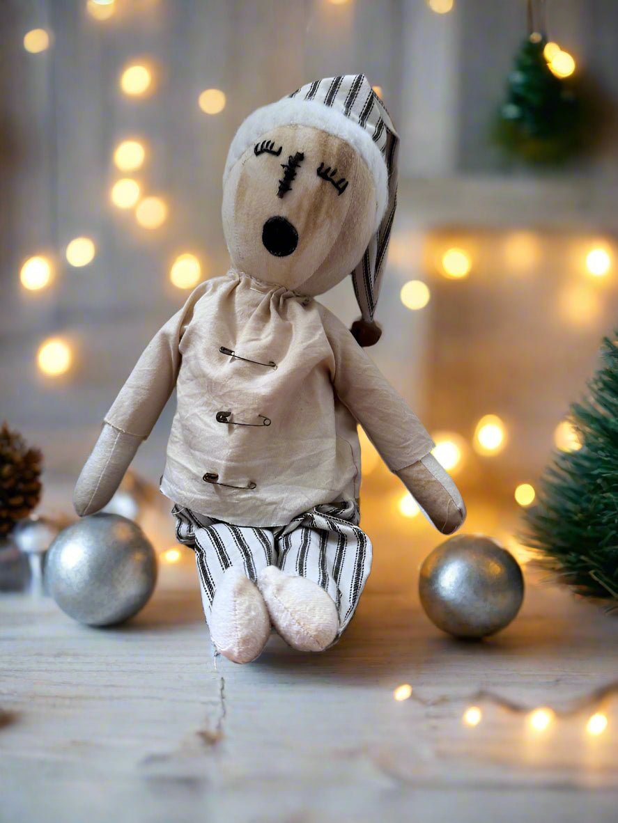 Handcrafted Christmas 13&quot; Sleepy Snowman Doll w/ Black Stripe Pants - The Primitive Pineapple Collection