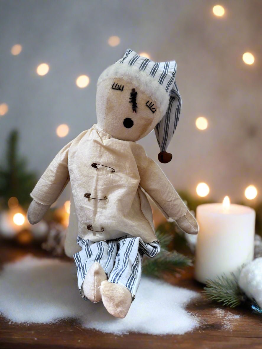 Handcrafted Christmas 13&quot; Sleepy Snowman Doll w/ Blue Stripe Pants - The Primitive Pineapple Collection