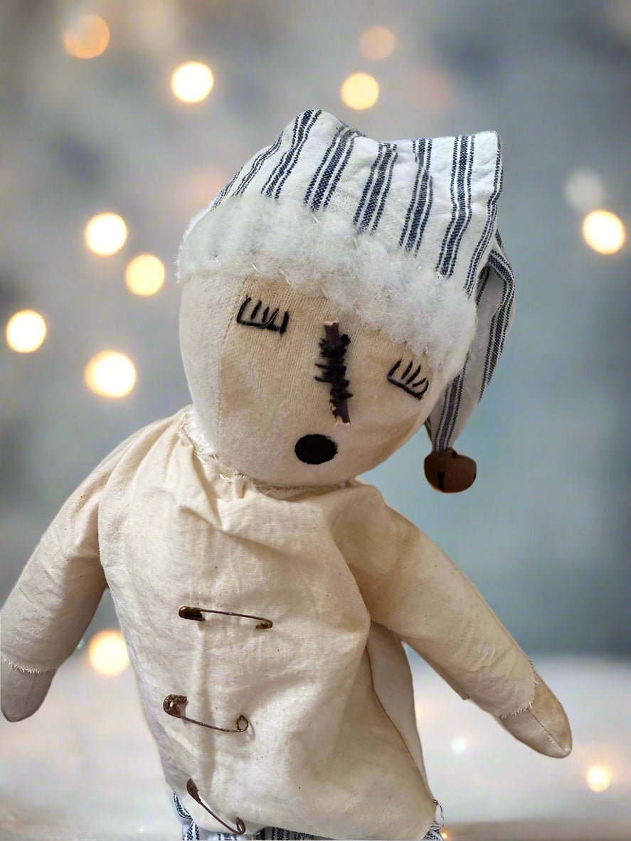 Handcrafted Christmas 13&quot; Sleepy Snowman Doll w/ Blue Stripe Pants - The Primitive Pineapple Collection