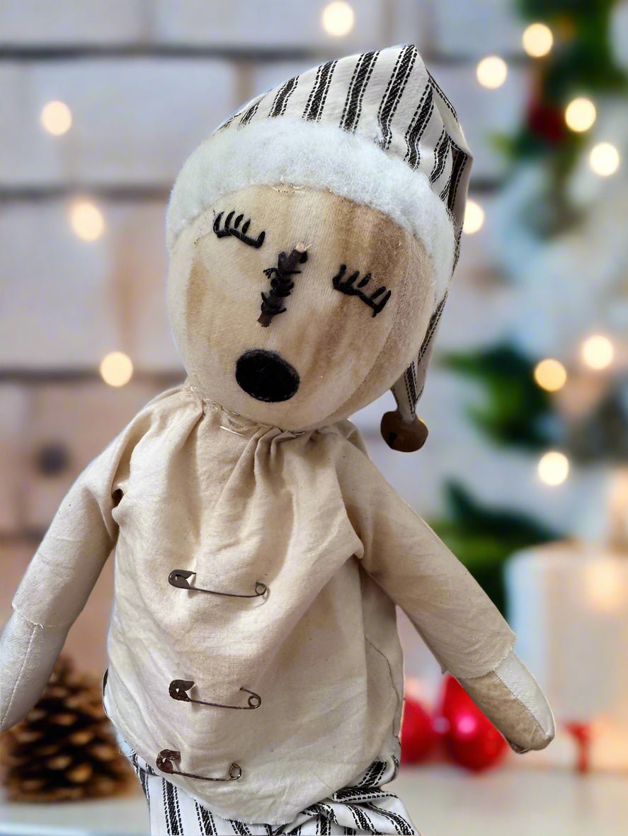 Handcrafted Christmas 13&quot; Sleepy Snowman Doll w/ Black Stripe Pants - The Primitive Pineapple Collection