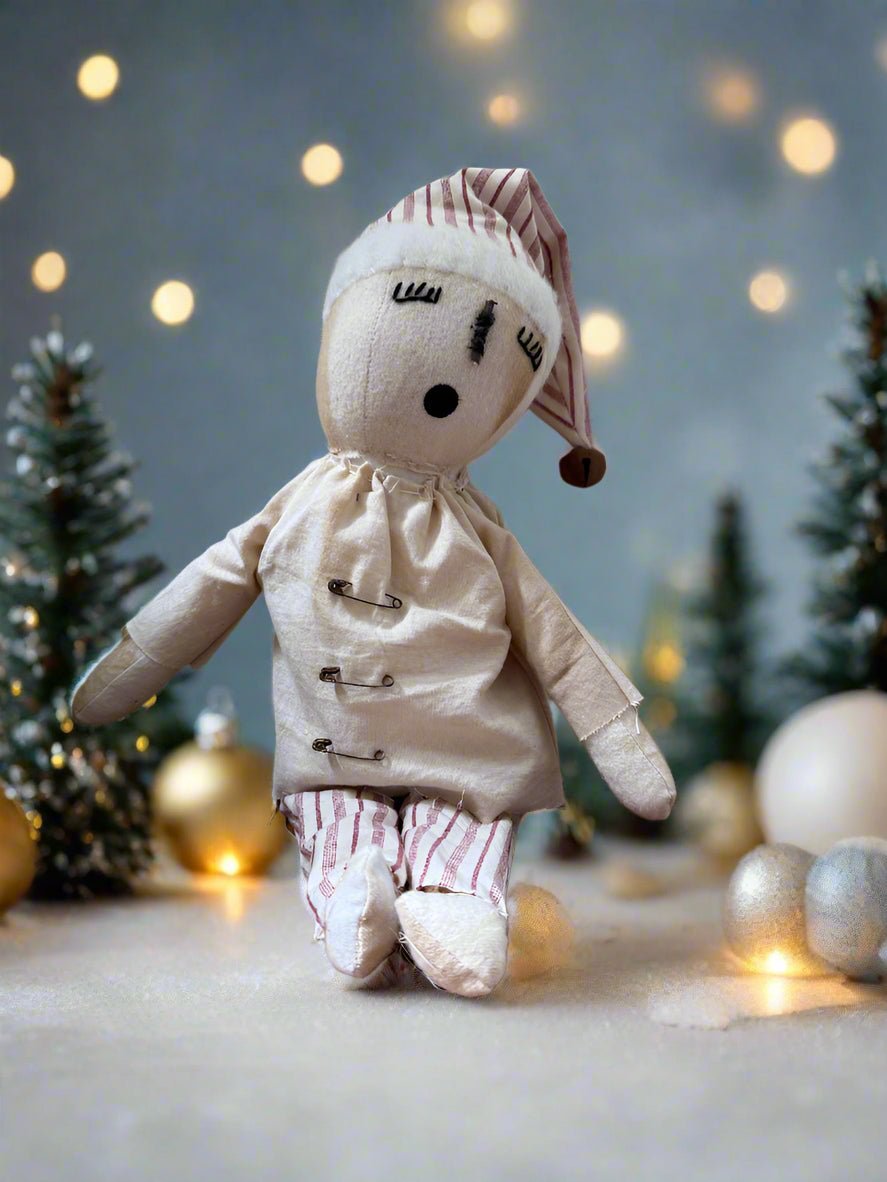 Handcrafted Christmas 13&quot; Sleepy Snowman Doll w/ Red Stripe Pants - The Primitive Pineapple Collection