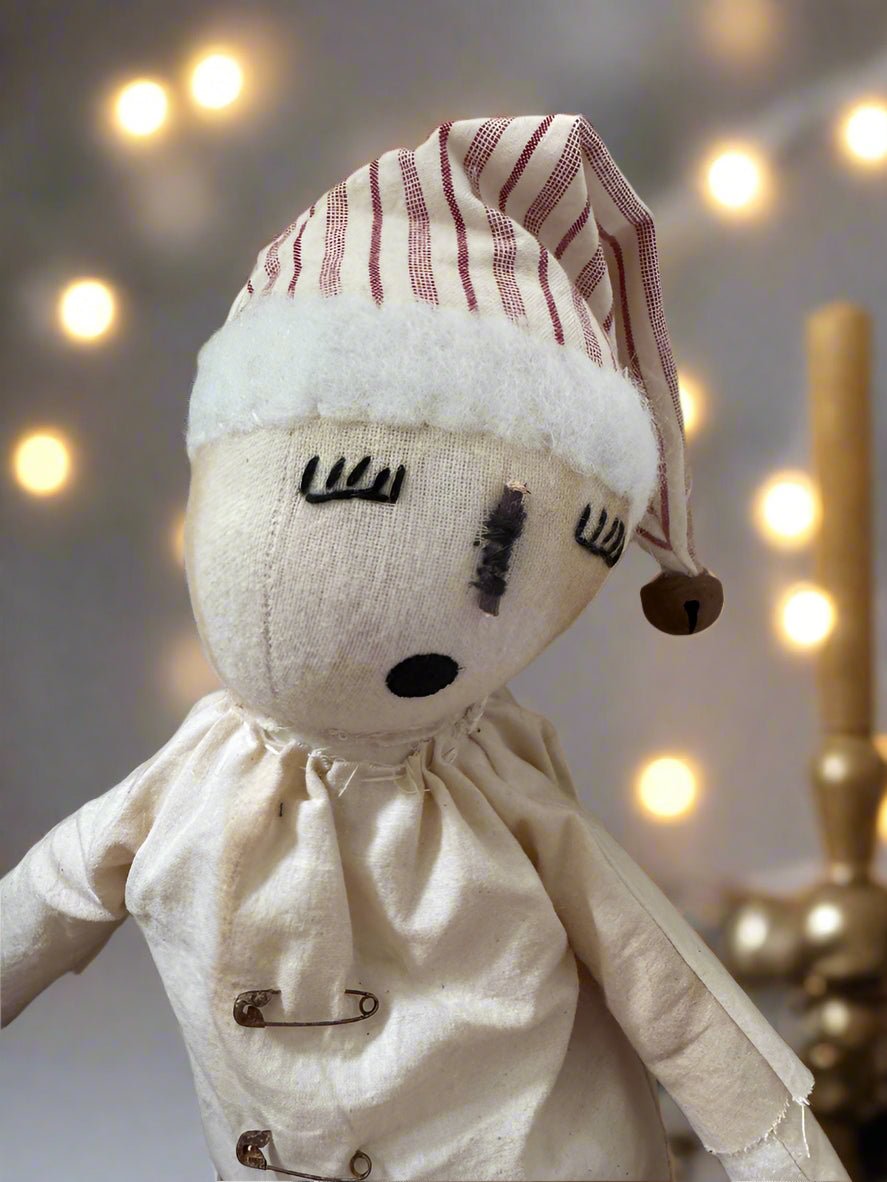 Handcrafted Christmas 13&quot; Sleepy Snowman Doll w/ Red Stripe Pants - The Primitive Pineapple Collection