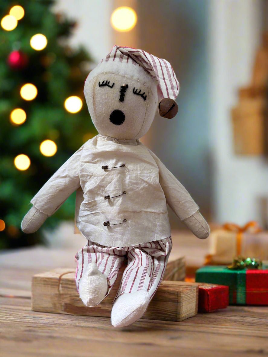 Handcrafted Christmas 13&quot; Sleepy Snowman Doll w/ Red Stripe Pants - The Primitive Pineapple Collection