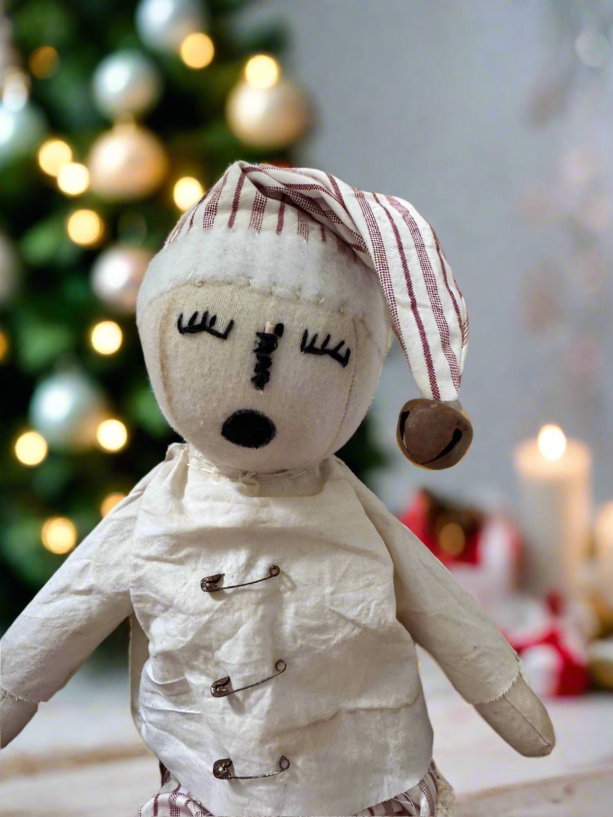 Handcrafted Christmas 13&quot; Sleepy Snowman Doll w/ Red Stripe Pants - The Primitive Pineapple Collection