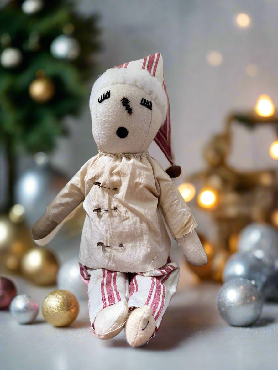 Handcrafted Christmas 13&quot; Sleepy Snowman Doll w/ Red Stripe Pants - The Primitive Pineapple Collection