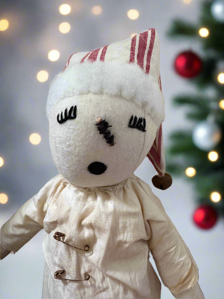 Handcrafted Christmas 13&quot; Sleepy Snowman Doll w/ Red Stripe Pants - The Primitive Pineapple Collection