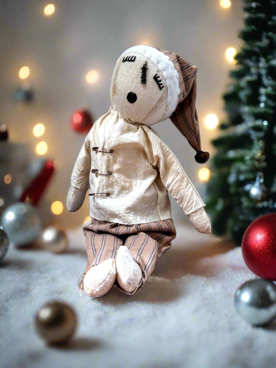 Handcrafted Christmas 13&quot; Sleepy Snowman Doll w/ Beige Stripe Pants - The Primitive Pineapple Collection