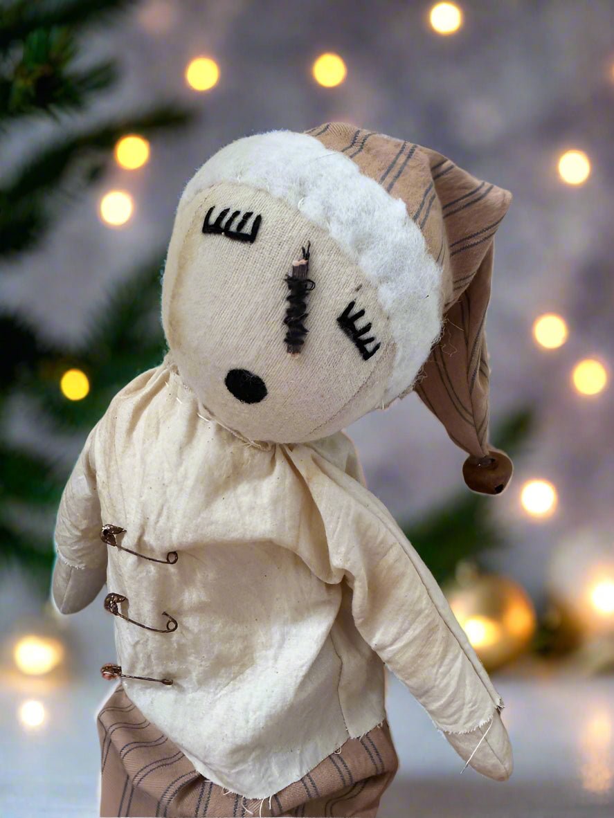 Handcrafted Christmas 13&quot; Sleepy Snowman Doll w/ Beige Stripe Pants - The Primitive Pineapple Collection