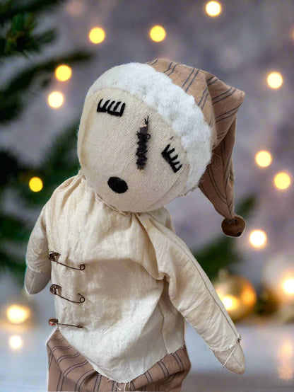 Handcrafted Christmas 13&quot; Sleepy Snowman Doll w/ Beige Stripe Pants - The Primitive Pineapple Collection
