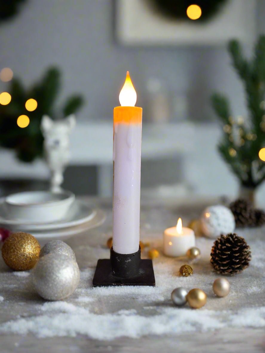 Primitive Handcrafted 7&quot; White Battery Operated LED Timer Taper Candle - The Primitive Pineapple Collection