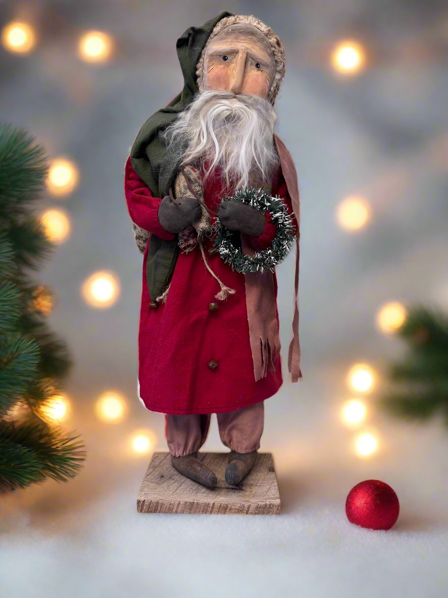 Handcrafted by Michelle Early American Hand Sculpted Clay Face Santa w/ Sack Doll 24&quot;