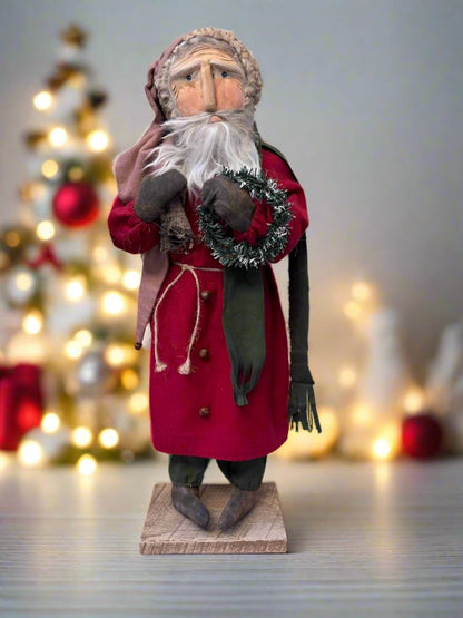 Handcrafted by Michelle Early American Hand Sculpted Clay Face Santa w/ Sack Doll 24&quot;