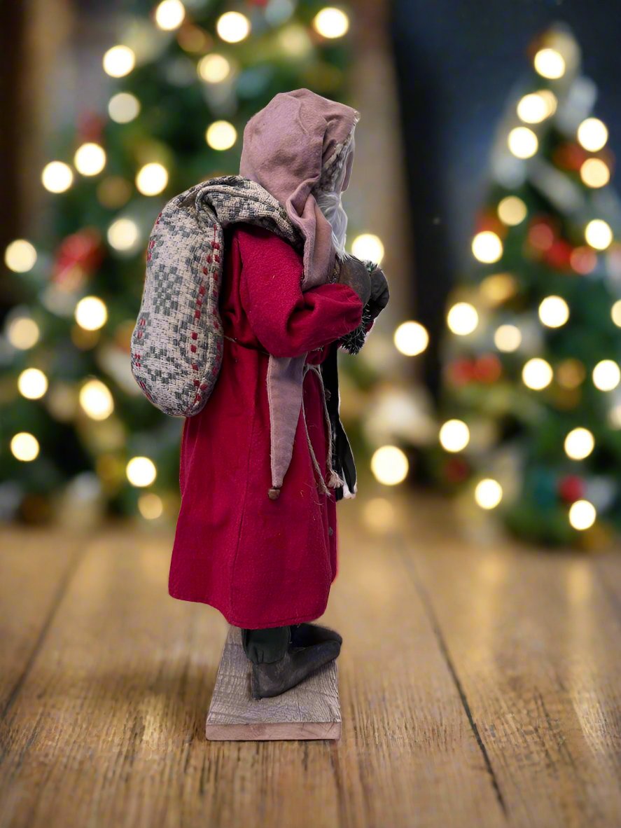 Handcrafted by Michelle Early American Hand Sculpted Clay Face Santa w/ Sack Doll 24&quot;