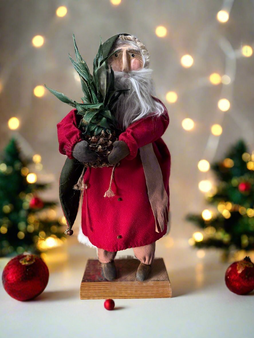 Handcrafted by Michelle Hand Sculpted Clay Face Red Santa w/ Colonial Pineapple 20" - The Primitive Pineapple Collection