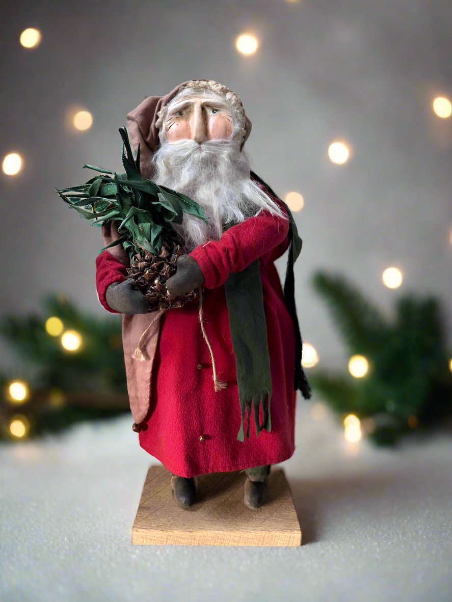 Handcrafted by Michelle Hand Sculpted Clay Face Red Santa w/ Colonial Pineapple 20&quot;