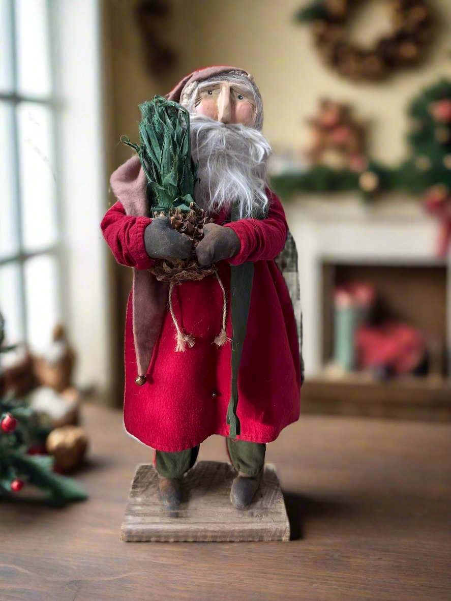 Handcrafted by Michelle Hand Sculpted Clay Face Red Santa w/ Colonial Pineapple 20" - The Primitive Pineapple Collection
