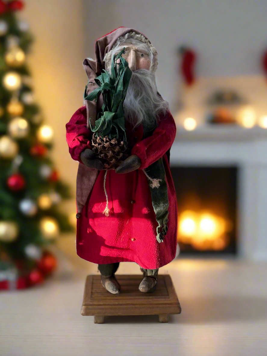 Handcrafted by Michelle Hand Sculpted Clay Face Red Santa w/ Colonial Pineapple 20" - The Primitive Pineapple Collection