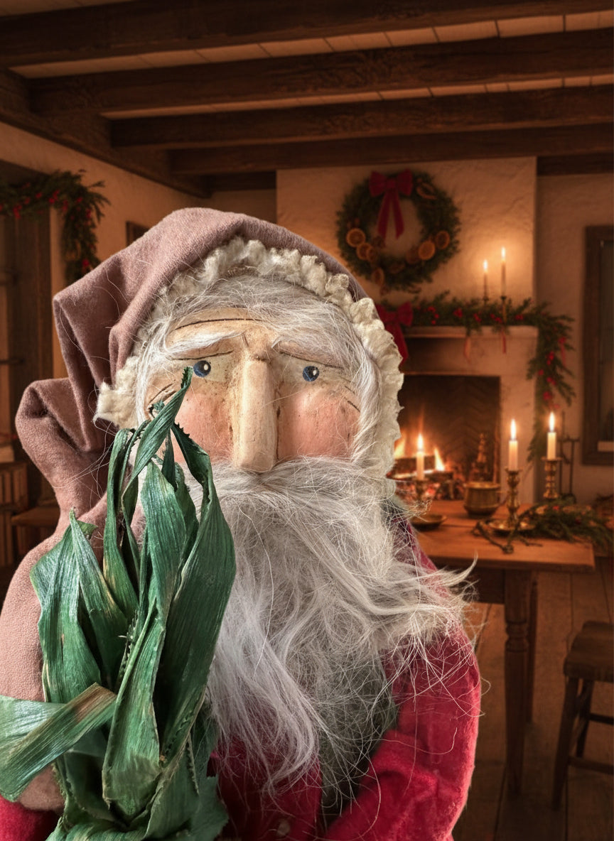 Handcrafted by Michelle Hand Sculpted Clay Face Red Santa w/ Colonial Pineapple 20" - The Primitive Pineapple Collection