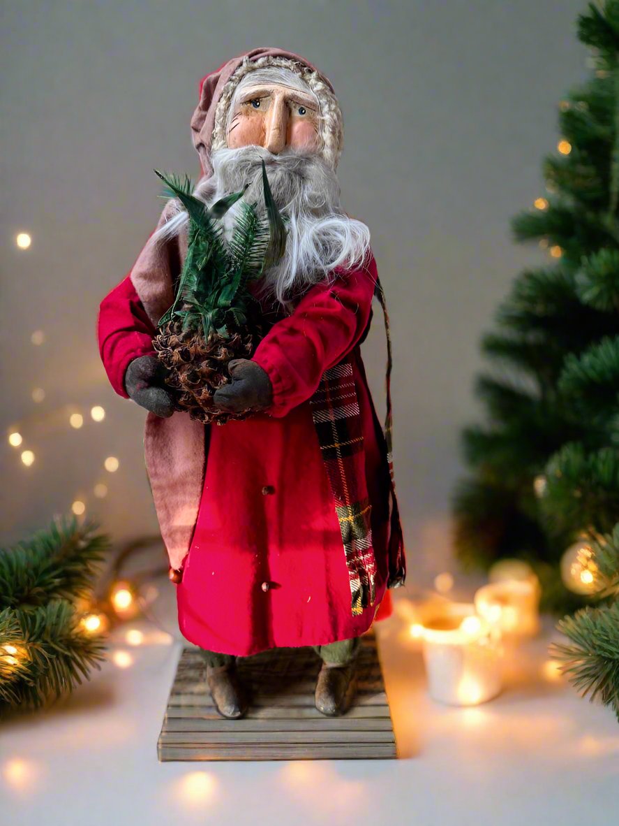 Handcrafted by Michelle Hand Sculpted Clay Face Red Santa w/ Colonial Pineapple 20&quot;