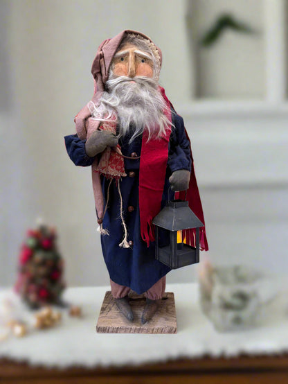 Handcrafted by Michelle Early American Hand Sculpted Clay Face Santa w/ Sack and Lantern Doll 24&quot;