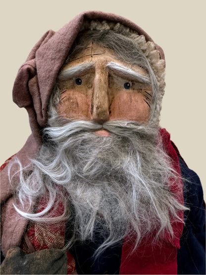 Handcrafted by Michelle Early American Hand Sculpted Clay Face Santa w/ Sack and Lantern Doll 24&quot;