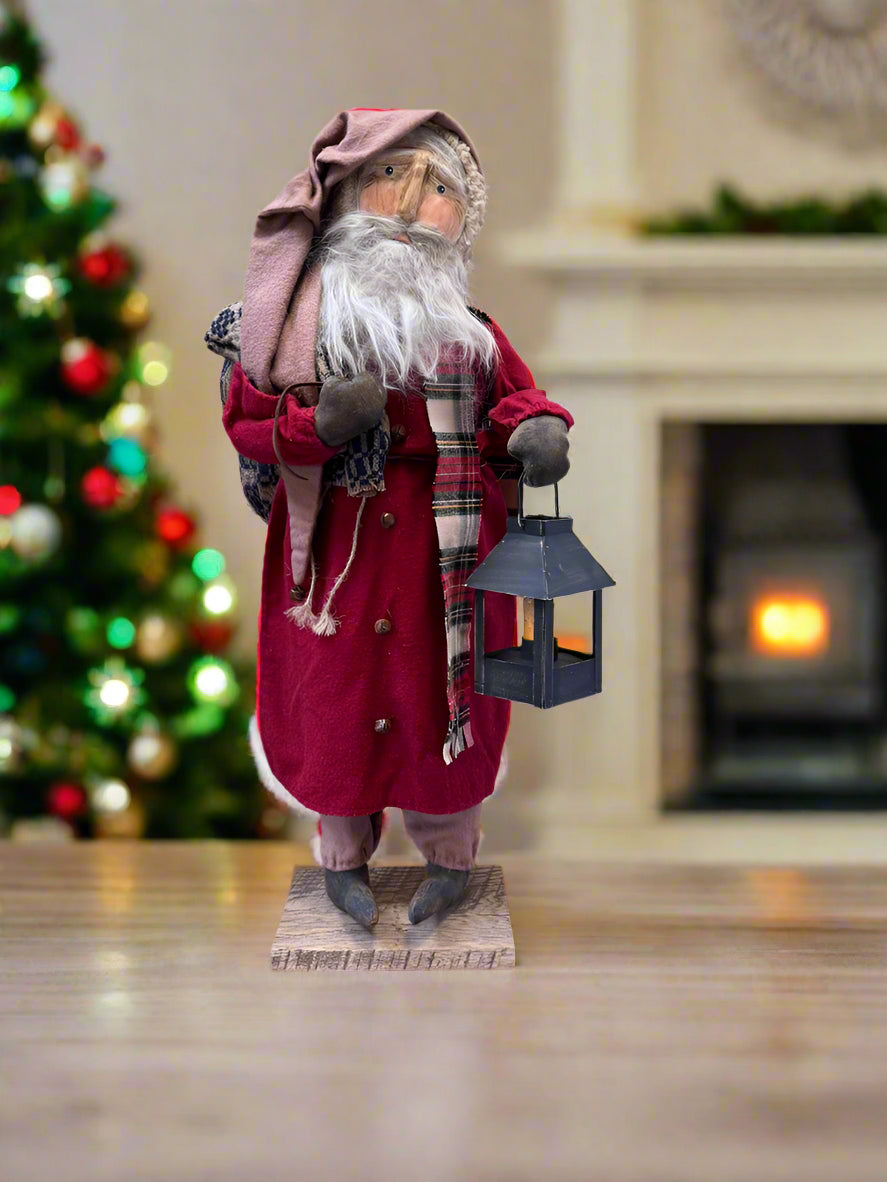 Handcrafted by Michelle Early American Hand Sculpted Clay Face Santa w/ Sack and Lantern Doll 24&quot;