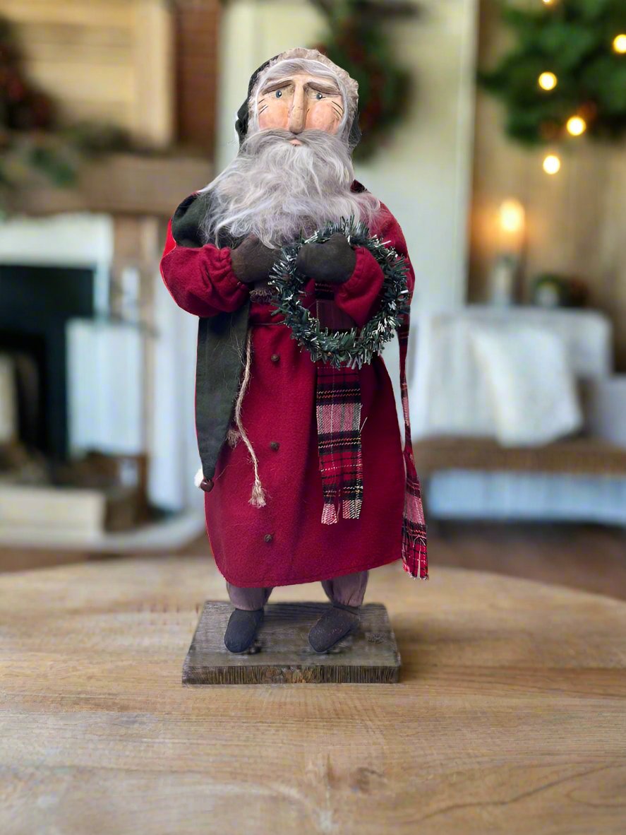 Handcrafted by Michelle Early American Hand Sculpted Clay Face Santa w/ Sack Doll 20&quot;