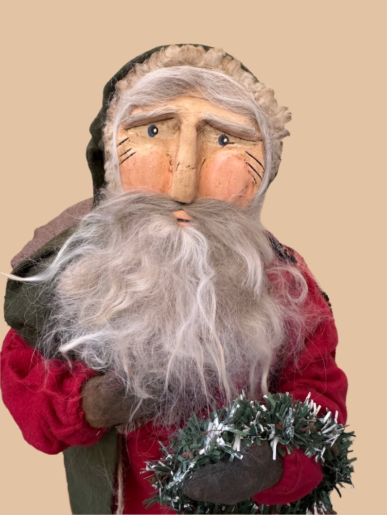 Handcrafted by Michelle Early American Hand Sculpted Clay Face Santa w/ Sack Doll 20&quot;