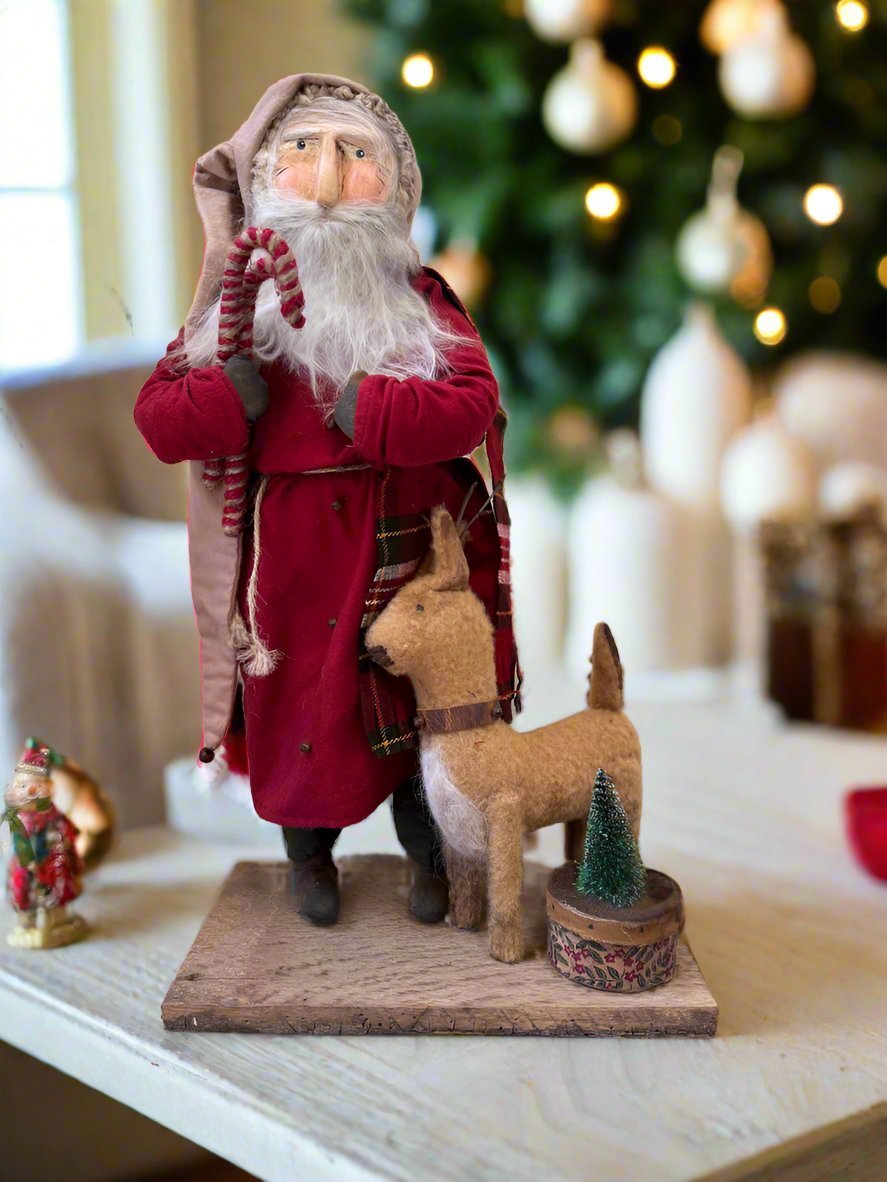 Handcrafted by Michelle Hand Sculpted Clay Face Red Santa w/Reindeer 19" - The Primitive Pineapple Collection