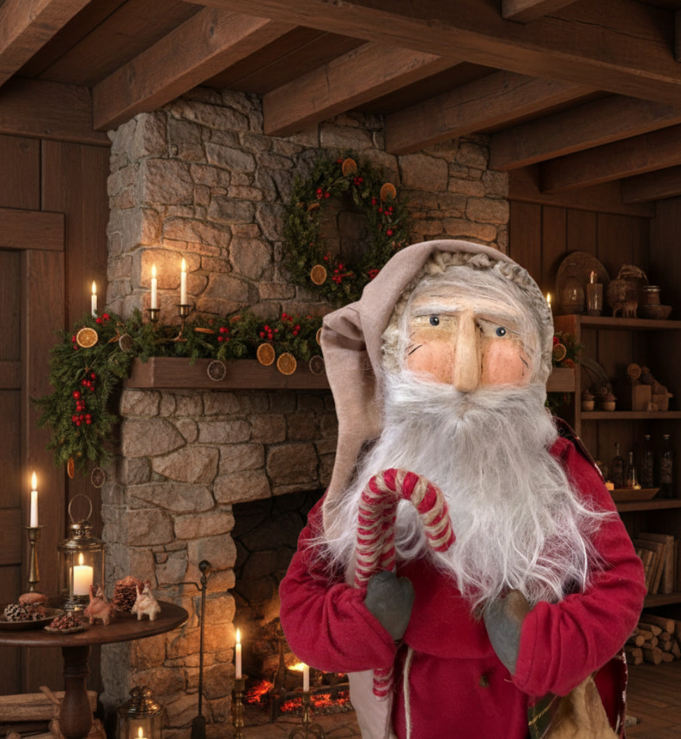 Handcrafted by Michelle Hand Sculpted Clay Face Red Santa w/Reindeer 19" - The Primitive Pineapple Collection
