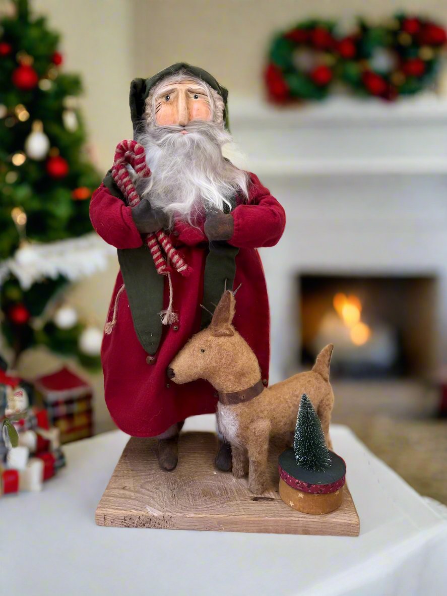 Handcrafted by Michelle Hand Sculpted Clay Face Red Santa w/Reindeer 19&quot;