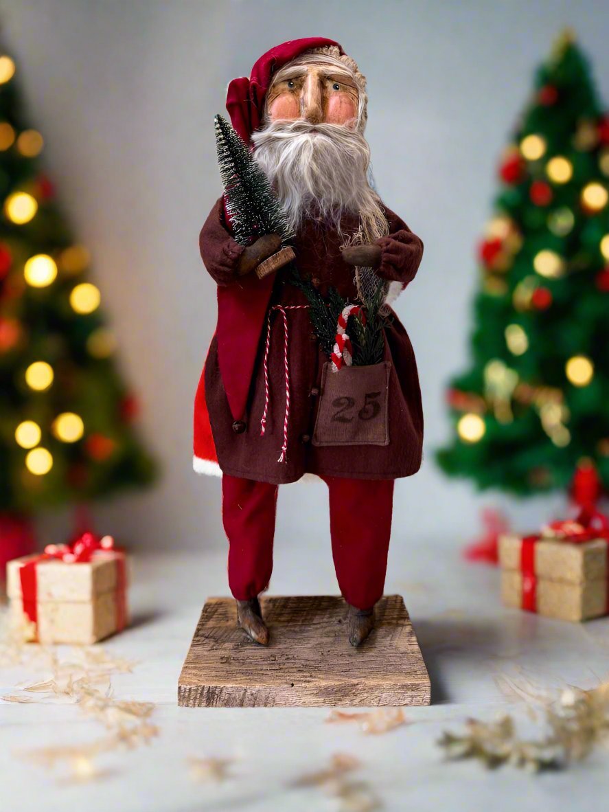 Handcrafted by Michelle Early American Hand Sculpted Clay Face Santa w/ Tree/Candy Canes 18" - The Primitive Pineapple Collection