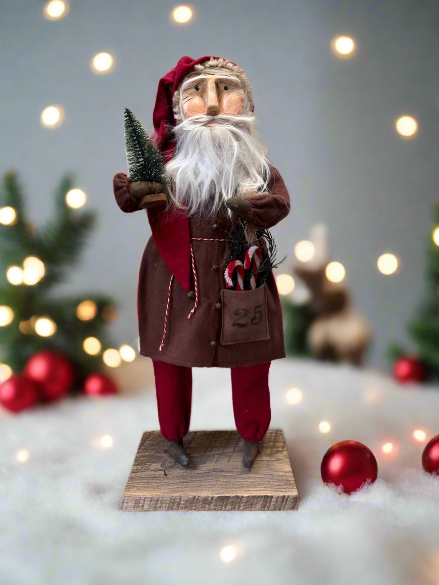 Handcrafted by Michelle Early American Hand Sculpted Clay Face Santa w/ Tree/Candy Canes 18&quot;