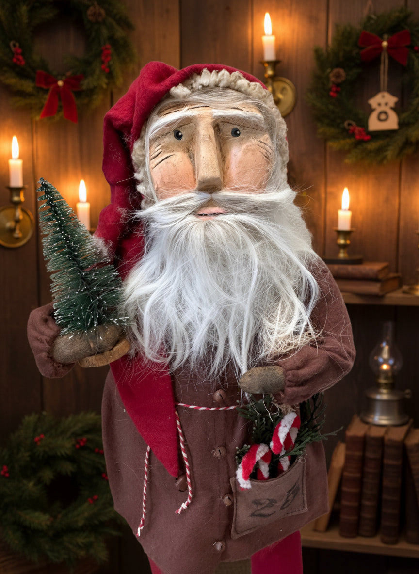 Handcrafted by Michelle Early American Hand Sculpted Clay Face Santa w/ Tree/Candy Canes 18" - The Primitive Pineapple Collection