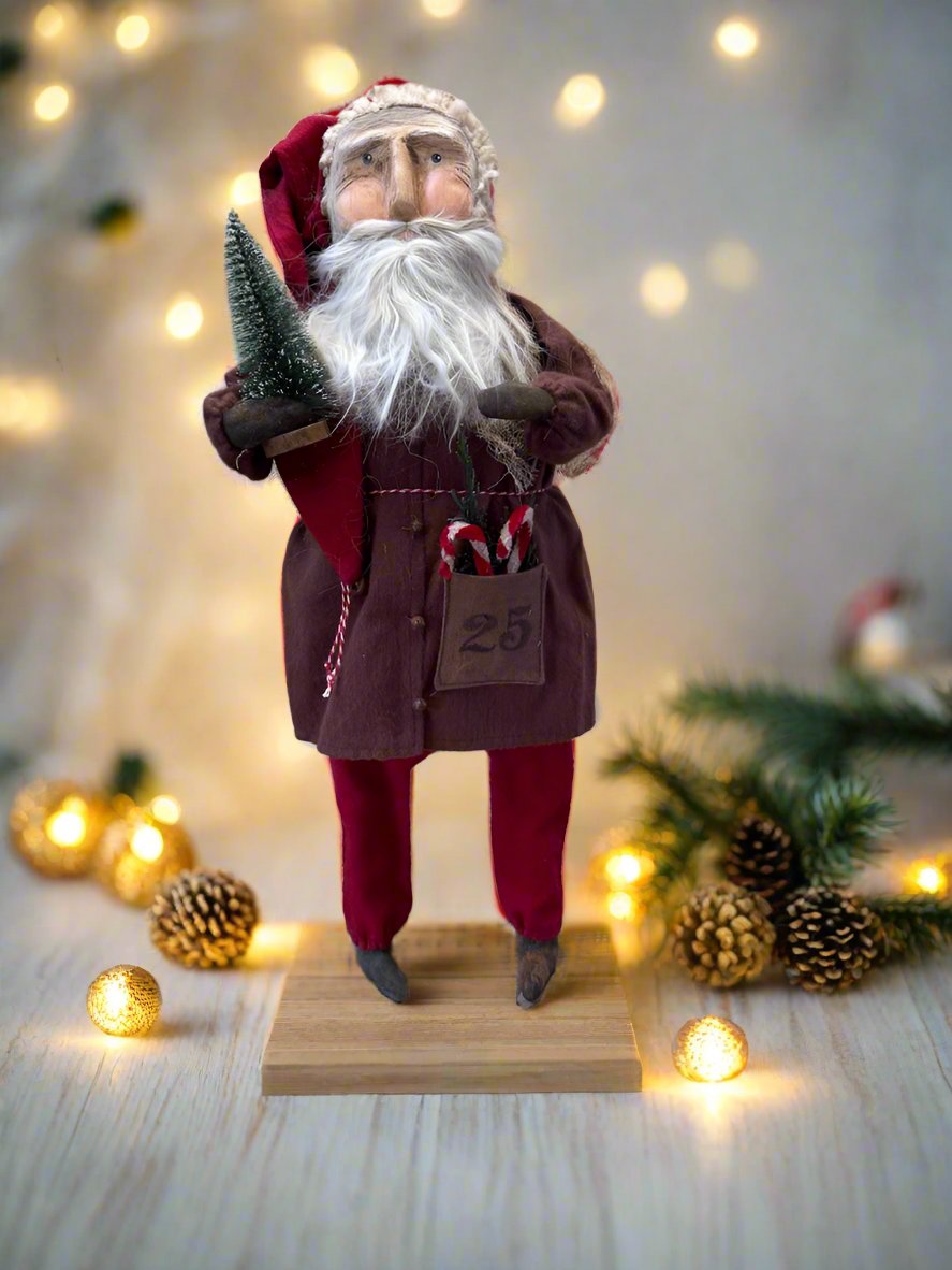 Handcrafted by Michelle Early American Hand Sculpted Clay Face Santa w/ Tree/Candy Canes 18&quot;