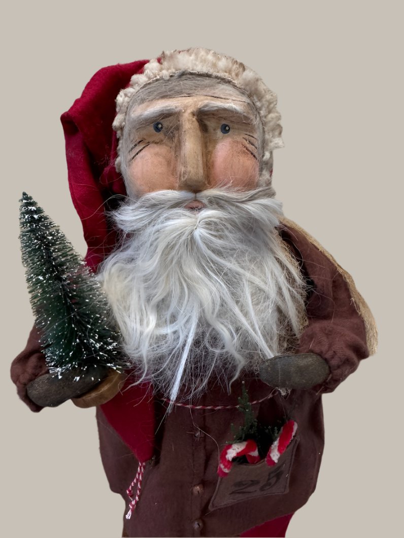 Handcrafted by Michelle Early American Hand Sculpted Clay Face Santa w/ Tree/Candy Canes 18&quot;