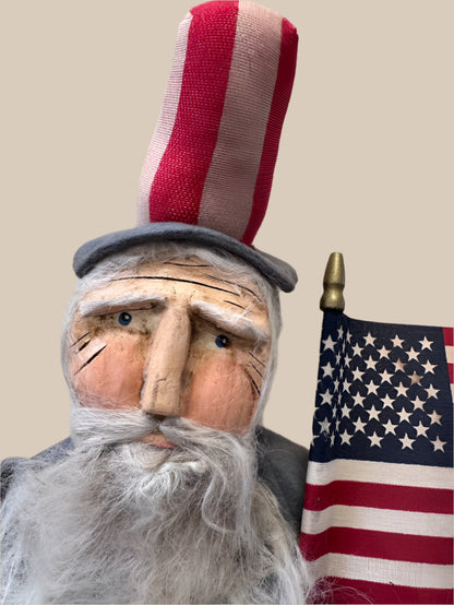 Handcrafted by Michelle Early American Hand Sculpted Clay Face Chubby Uncle Sam Santa 21&quot;